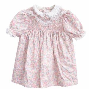 Vintage Smocked Floral Toddler Dress Peter Pan Collar Lace Cottagecore